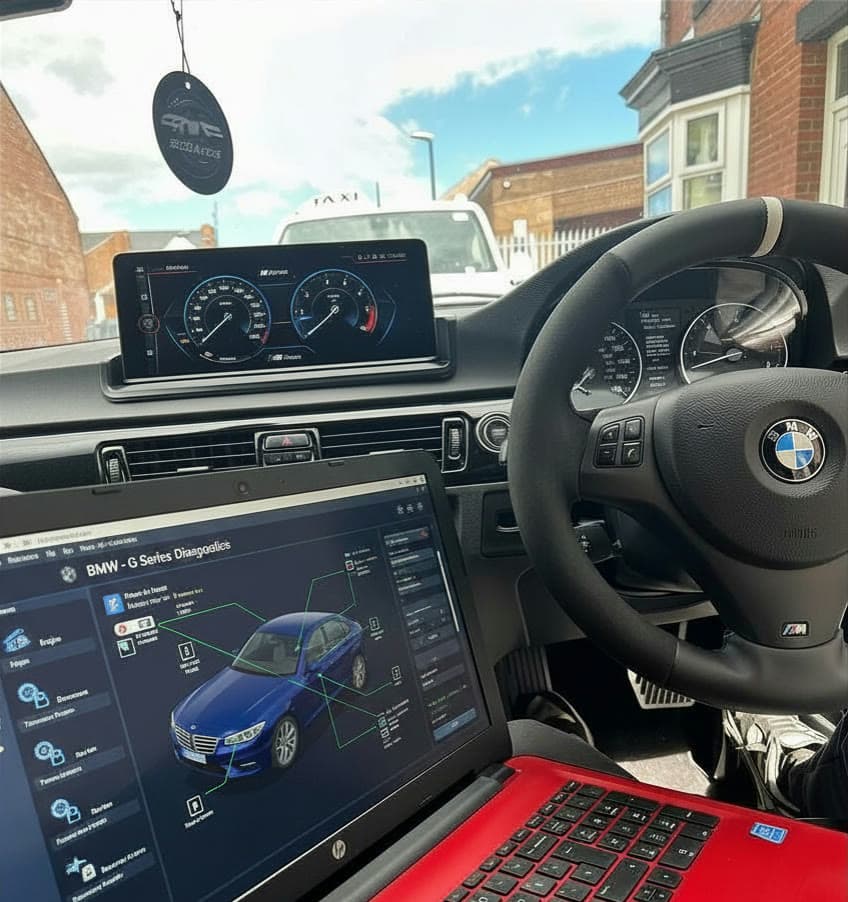 Diagnostics software open on a laptop beside a BMW steering wheel